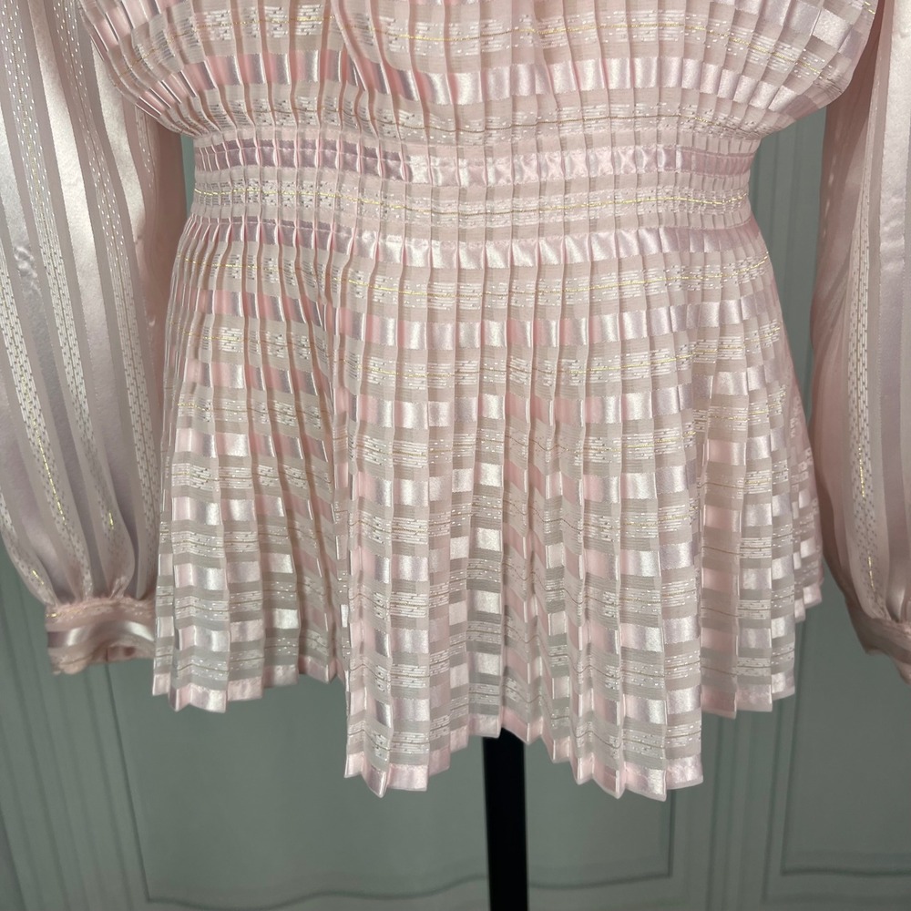 Vintage Nicola - Pink Striped Mock Neck Peplum Top Back Button Blouse - Size 4 - Picture 8 of 16